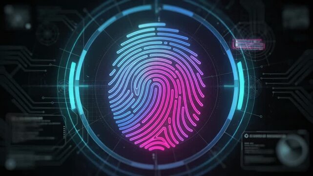 Glowing neon fingerprint scan on futuristic digital interface for high tech security and identification