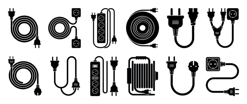 Collection of various electrical plugs, power cords, extension cables, and multi-socket power strips for household and industrial use.