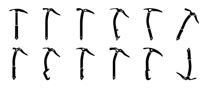 Ice axes collection for mountaineering and climbing, featuring various designs and shapes for extreme sports and winter adventures.