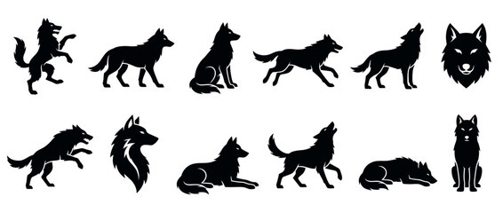 Obraz premium Wolf silhouettes collection featuring various dynamic poses, including howling, running, sitting, and a detailed head portrait.