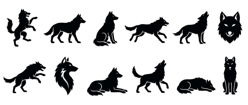 Wolf silhouettes collection featuring various dynamic poses, including howling, running, sitting, and a detailed head portrait.