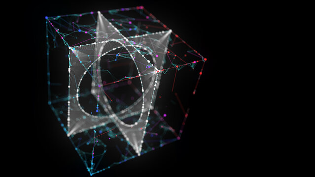 Abstract big data 3D digital cube algorithmic with holes net inside. Quantum computing concept on dark background. Blockchain grid box сoncept. Artificial intelligence design