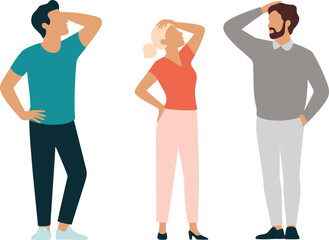 Obraz premium Confused diverse people standing together, hand on head gesture, thoughtful expression, problem solving concept, decision making illustration, teamwork challenge