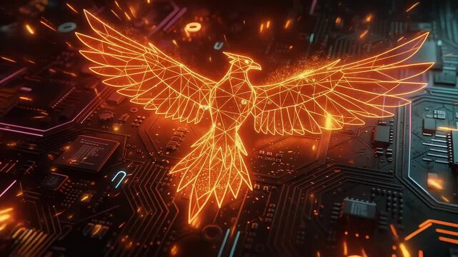 A glowing phoenix made of fiery digital lines rising from a futuristic circuit board with sparks and vibrant energy