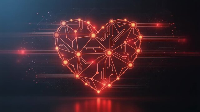 Glowing red digital heart with interconnected circuits pulsing light against dark background technology concept