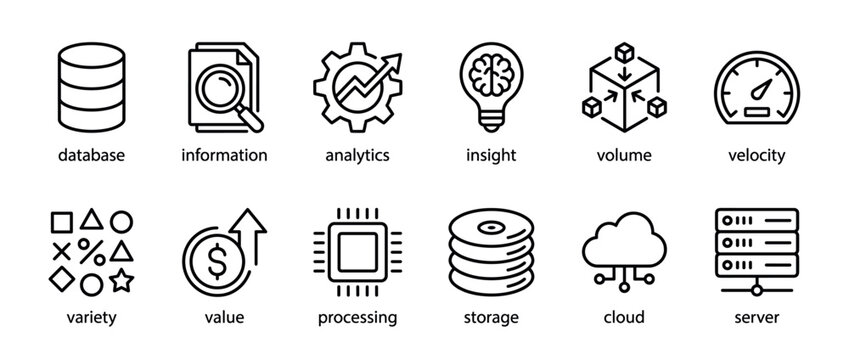 Collection of outline data technology computing analytics icons representing various concepts like database, information, insight, storage, and cloud services.