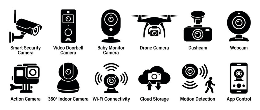 Modern camera icons representing various surveillance and monitoring devices for smart home security systems and personal use.