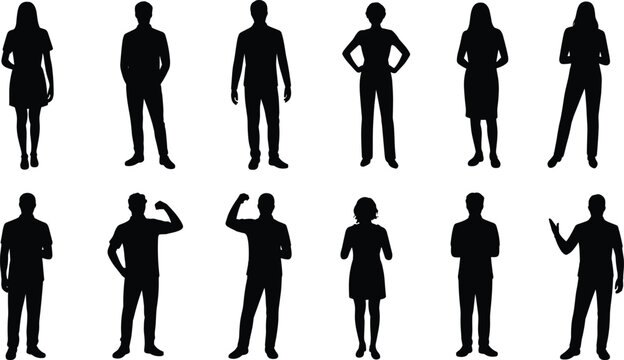 Silhouette people poses collection, black human figures in standing, flexing, gesturing positions, posture reference template for design, animation, illustration
