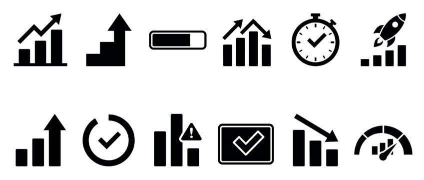 Collection of business and finance icons representing growth, decline, progress, performance, and data analysis in a modern vector style.