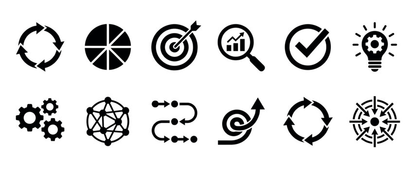 Business process icons, data analysis symbols, and strategic planning pictograms representing various concepts like goals, ideas, and workflow management.