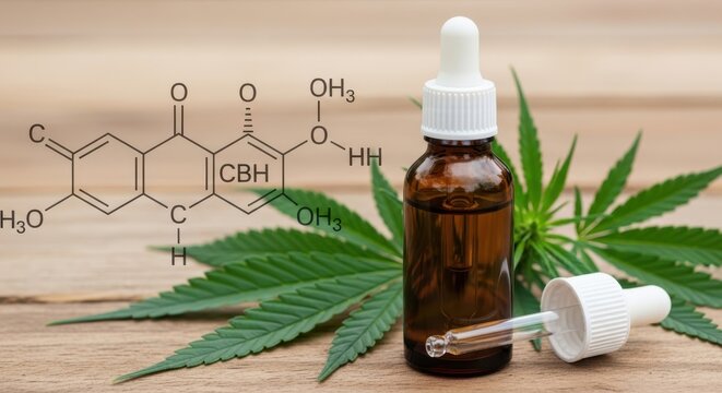 Chemical structure of cannabinol displayed with hemp leaves and tincture bottle