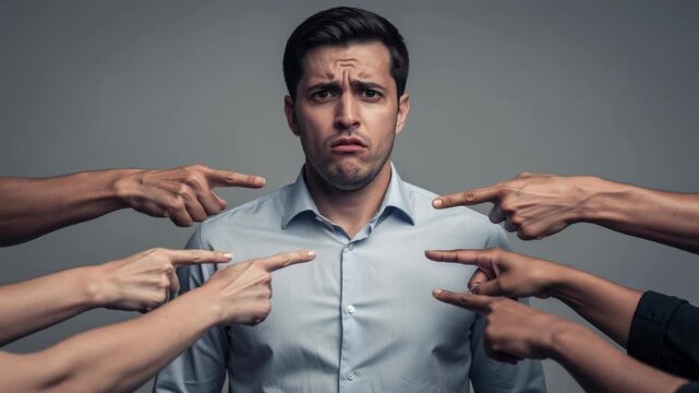 Worried man surrounded by multiple accusatory hands pointing fingers in tense confrontation scene