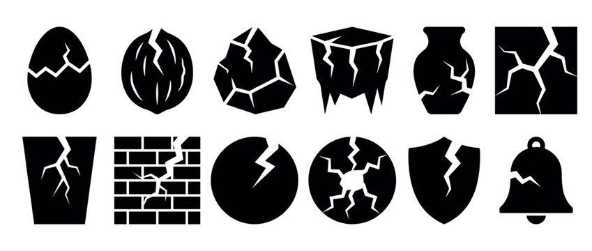Collection of various cracked and broken objects represented as black silhouette icons, symbolizing damage, fragility, and destruction.