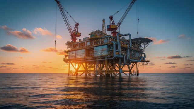 Massive offshore oil rig glowing under serene sunset with warm vibrant colors over calm sea