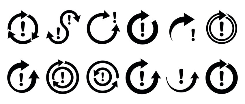 Set of black arrow and exclamation mark icons indicating warnings, errors, updates, and important information for user interfaces.