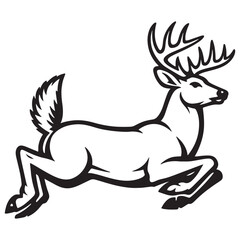 Obraz premium Leaping white-tailed deer buck vector illustration with large antlers in black and white outline style