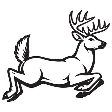 Leaping white-tailed deer buck vector illustration with large antlers in black and white outline style