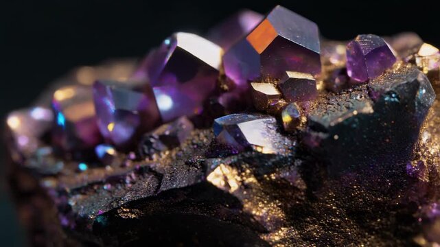 Close up of shimmering metallic crystals glowing with iridescent purple and gold hues mesmerizing nature beauty