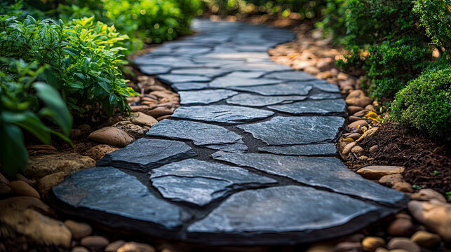 Winding flagstone pathway meanders through lush, vibrant garden filled with verdant foliage, decorative stones, and mulched earth, creating serene and inviting natural landscape scene