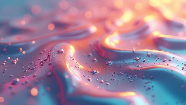 Abstract iridescent surface with light reflections and small bubbles.