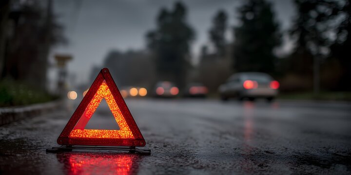 Warning triangle on wet road during rain with blurred traffic in background, roadside emergency concept representing car breakdown, safety alert, caution and dangerous driving conditions