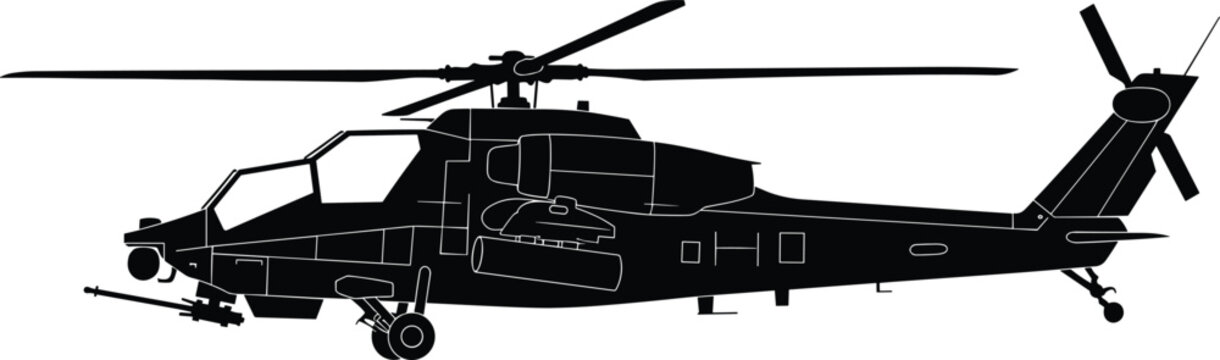 Attack helicopter silhouette vector illustration side view military aircraft gunship black isolated detailed combat aviation design graphic template