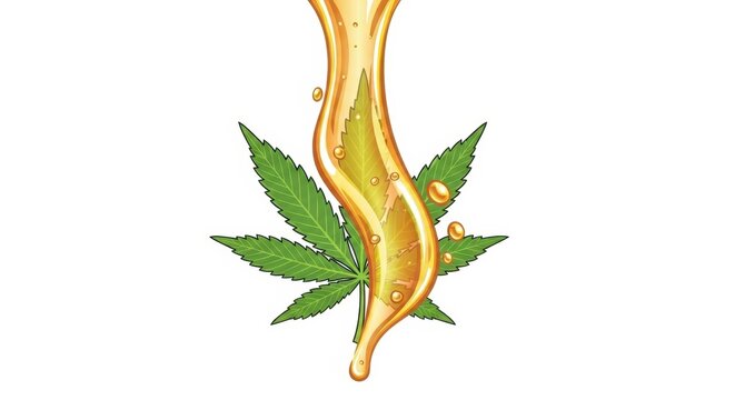 Illustration of cannabis leaf dripping golden oil for medicinal purposes
