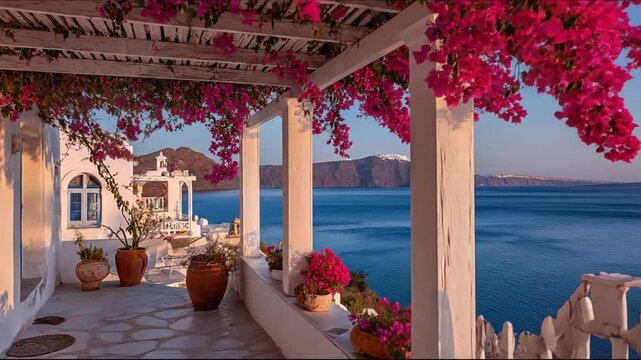 Idyllic Mediterranean terrace with vibrant bougainvillea flowers overlooking a stunning blue sea and island landscape at sunset.