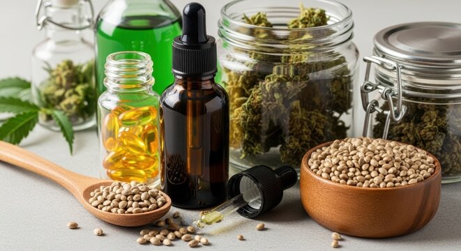 Various forms of hemp and cannabis products displayed together