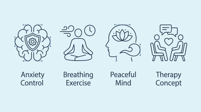 Line vector icons illustrating vital concepts for mental health and well-being, such as stress management, anxiety relief, mindfulness, and therapeutic support