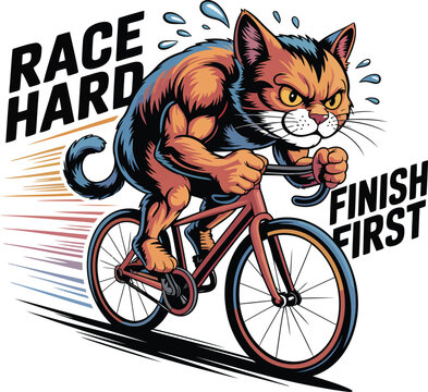 Funny Cat Riding Bicycle Vector Illustration, Motivational Quote Race Hard Finish First, Cartoon Animal Cyclist Design