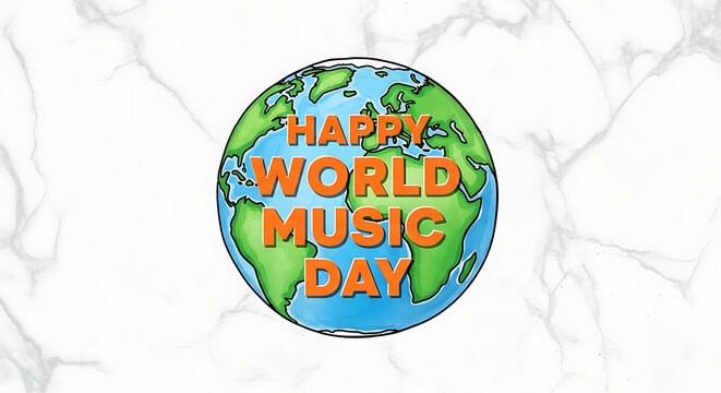 Happy World Music Day celebration with globe on marble background transparent background