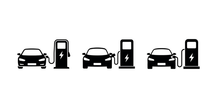 Electric car charging station icons. ev charging concept. electric vehicle infrastructure and sustainable transportation illustration