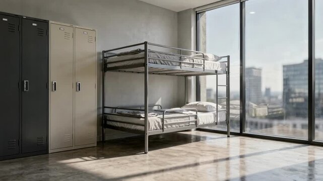 Medium frame capturing a minimalist urban dorm interior with neatly arranged bunks sleek lockers and large windows showing a clear outoffocus cityscape beyond.
