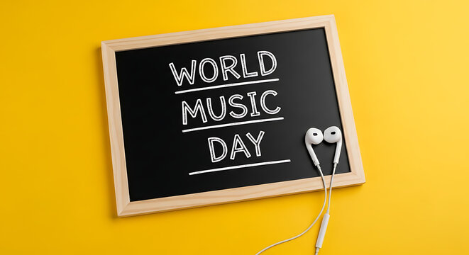World Music Day celebration with chalkboard and white earbuds on yellow background transparent background