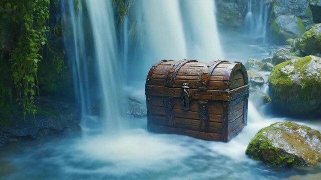 Treasure chest in a waterfall.