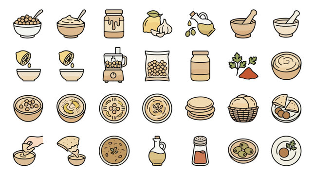 Hummus and Mediterranean Food Icon Set in Filled Line Style. A collection of linear icons, including chickpeas, tahini, lemon, garlic, olive oil, pita bread, falafel, and more. Vector art.