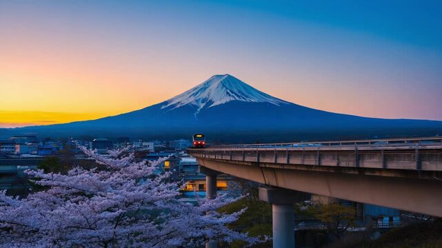 Japanese train with Mount Fuji in the background.