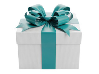 Fototapeta premium White gift box with a teal ribbon and bow on top isolated on transparent background
