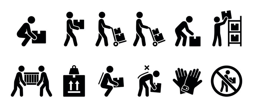 Manual handling safety icons illustrating proper lifting techniques, carrying boxes, using a hand truck, and warning against unsafe practices.