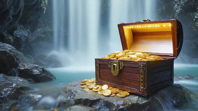 Treasure chest in a waterfall.