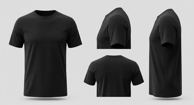 Front side back views of a blank black t-shirt mockup on a neutral background offering versatile branding and design placement options for clothing.