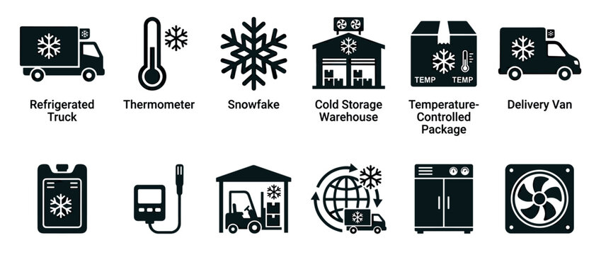 Cold chain logistics and temperature control icons set, including refrigerated transport, storage, and monitoring equipment symbols.
