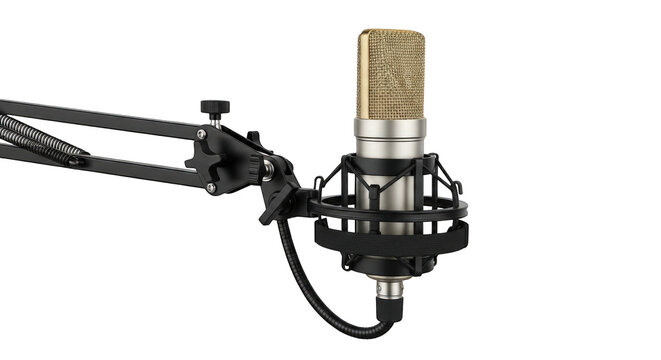 Professional studio condenser microphone on adjustable boom arm, vintage gold mic head for podcasting and audio recording studio equipment isolated on Transparent Background