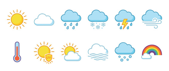 Naklejka premium Weather icons collection with various climate symbols representing sun, clouds, rain, snow, wind, and temperature for forecast applications.