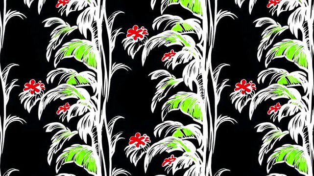 Animated tropical leaves and red flower illustration forming a seamless botanical pattern loop.