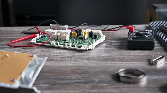 Close-up of washing machine control unit. Washing machine electronic module replacement.