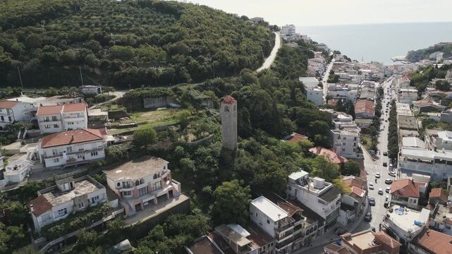 Aerial perspective of the Old clock tower nestled in historic center of Ulcinj, Montenegro.