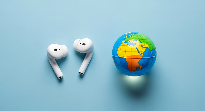 White wireless earbuds and colorful world globe on blue background transparent background