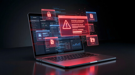 high resolution 3d rendering of a modern laptop showing a critical system lockdown alert with red glowing warning windows for cyber attack and data encryption concepts © solom